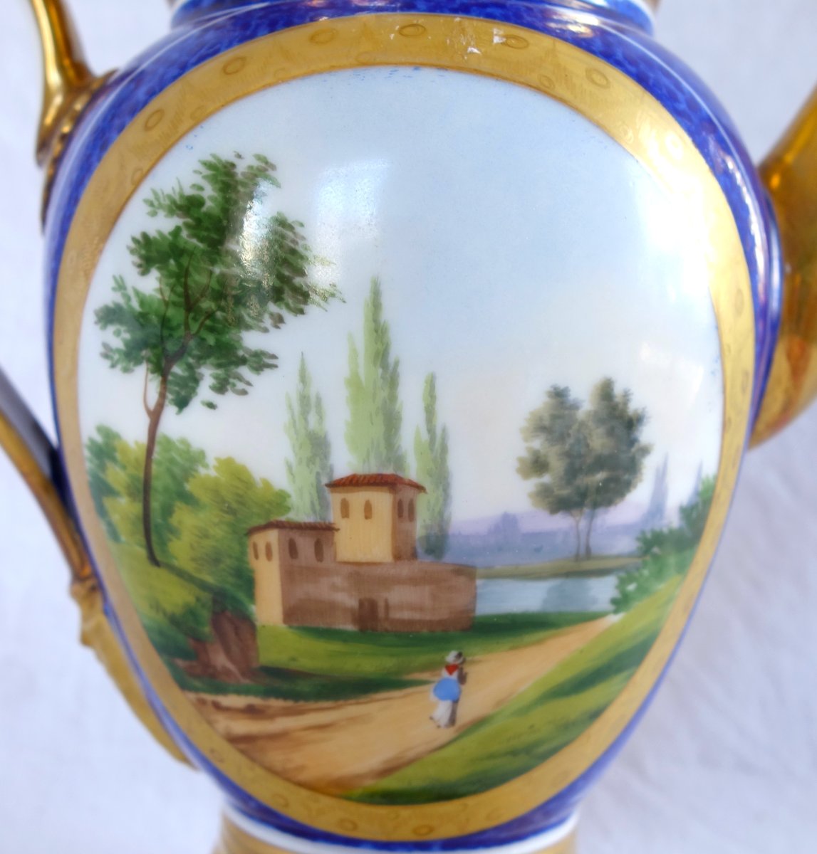 Empire-style Pitcher/teapot With Blue And Gold Decoration, Made Of Paris Porcelain, Restoration Period-photo-2