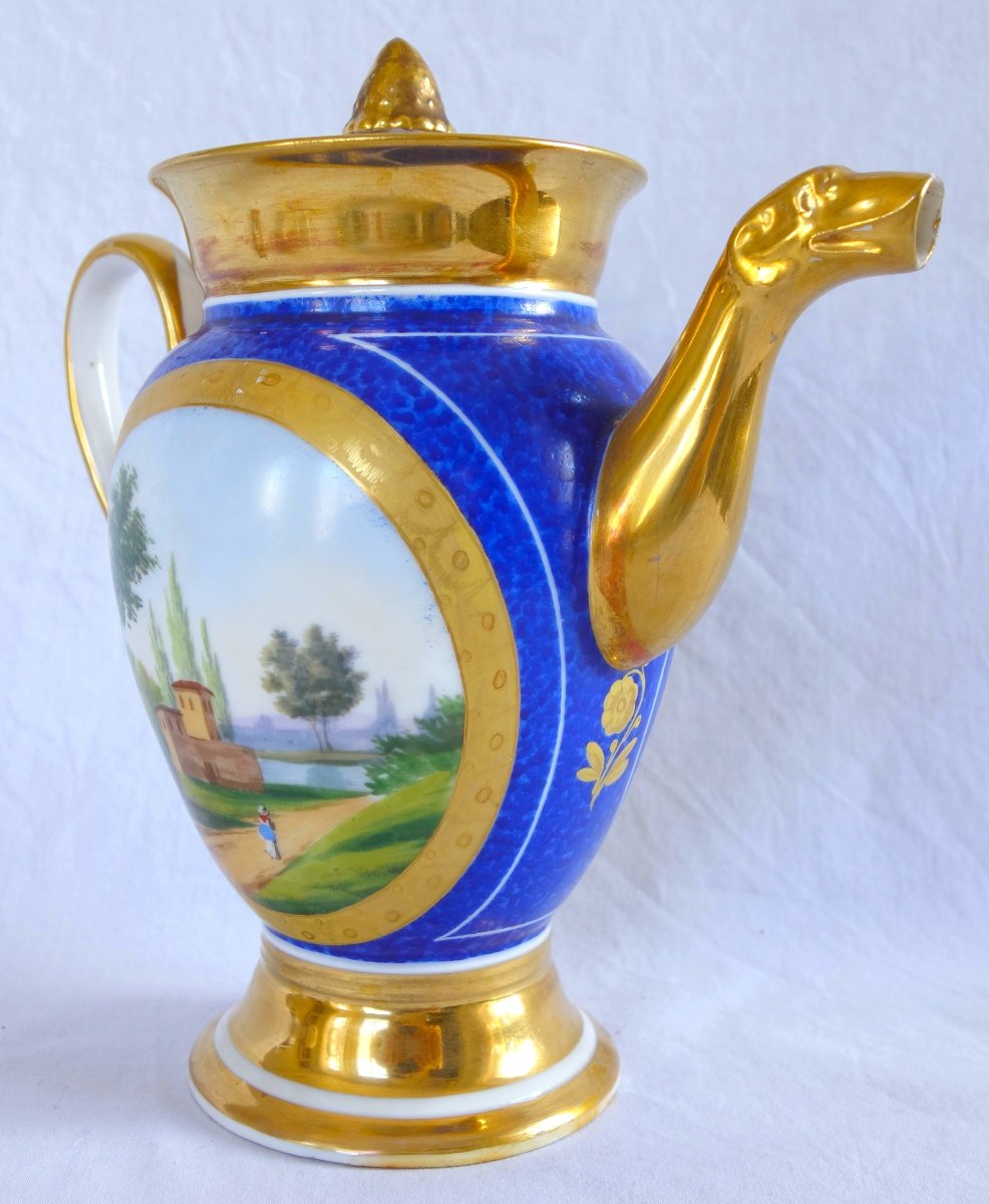 Empire-style Pitcher/teapot With Blue And Gold Decoration, Made Of Paris Porcelain, Restoration Period-photo-3