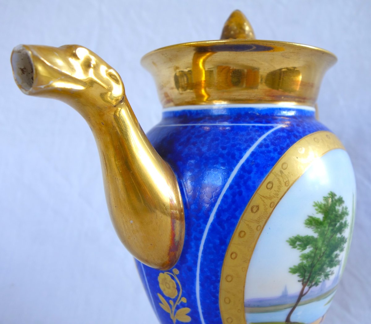 Empire-style Pitcher/teapot With Blue And Gold Decoration, Made Of Paris Porcelain, Restoration Period-photo-4
