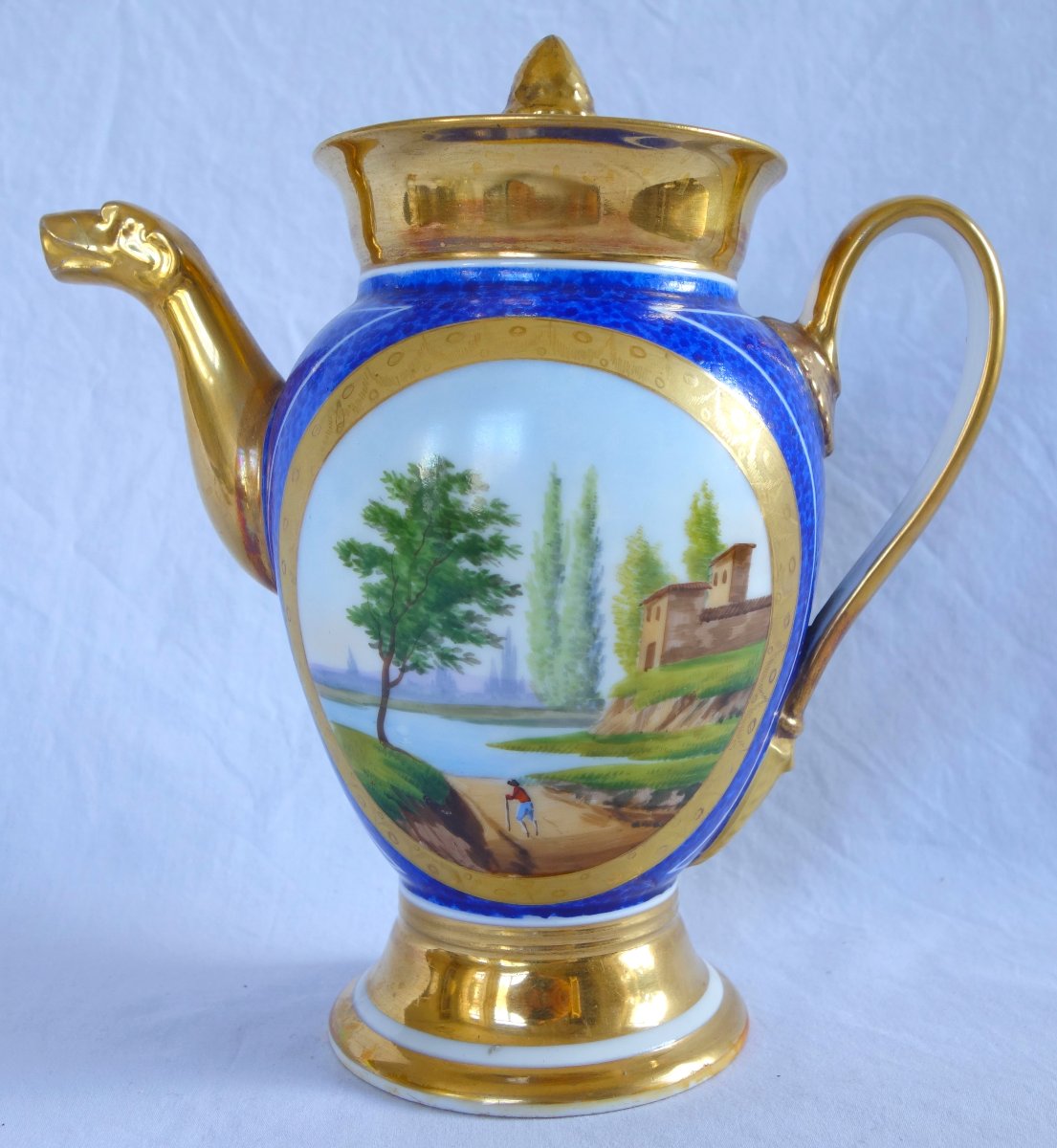 Empire-style Pitcher/teapot With Blue And Gold Decoration, Made Of Paris Porcelain, Restoration Period-photo-2