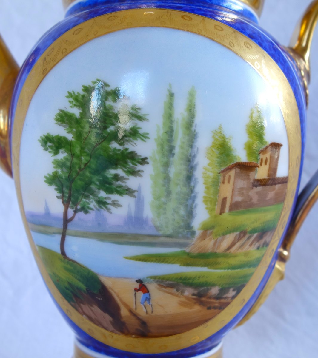 Empire-style Pitcher/teapot With Blue And Gold Decoration, Made Of Paris Porcelain, Restoration Period-photo-3