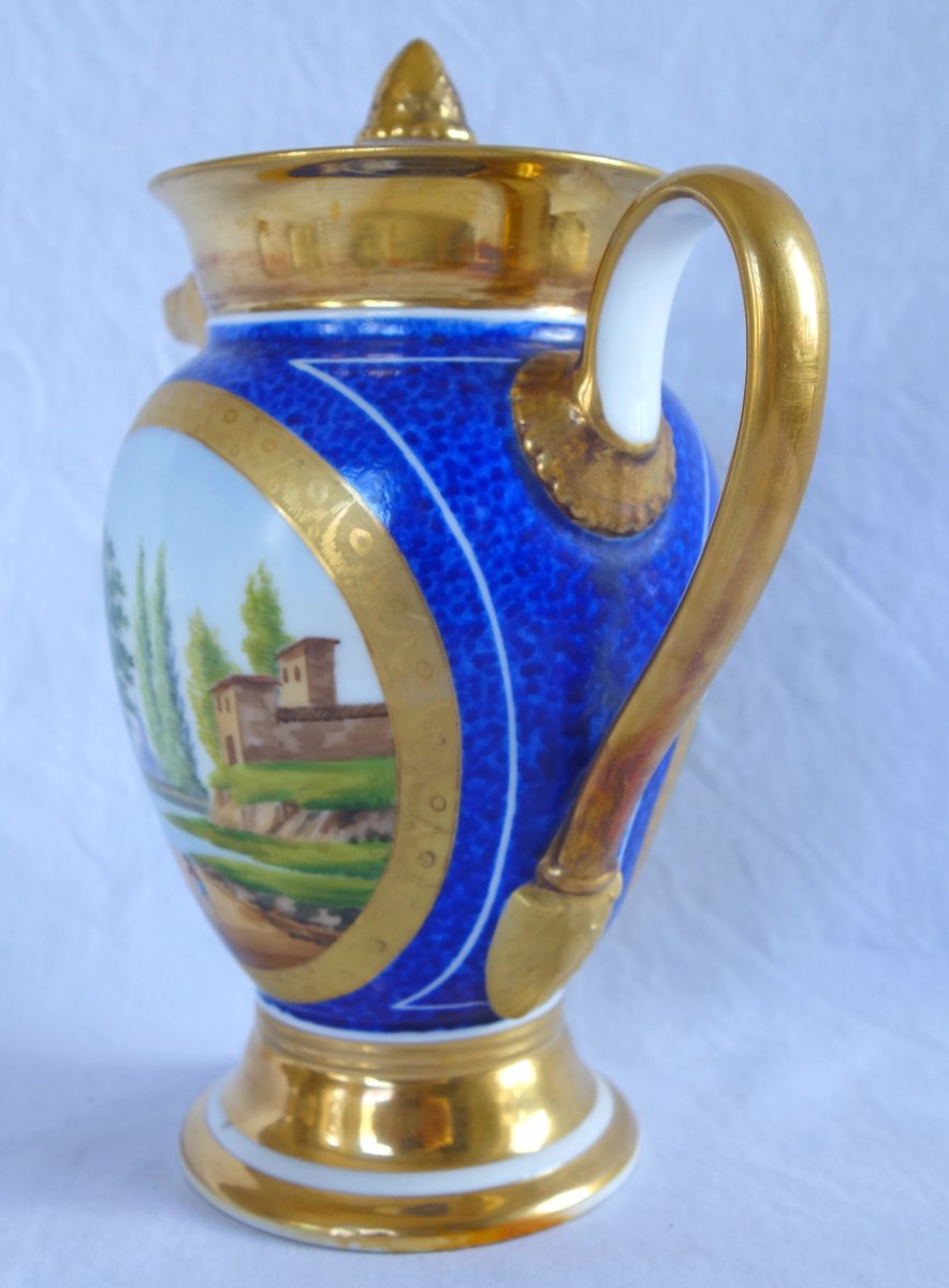 Empire-style Pitcher/teapot With Blue And Gold Decoration, Made Of Paris Porcelain, Restoration Period-photo-4