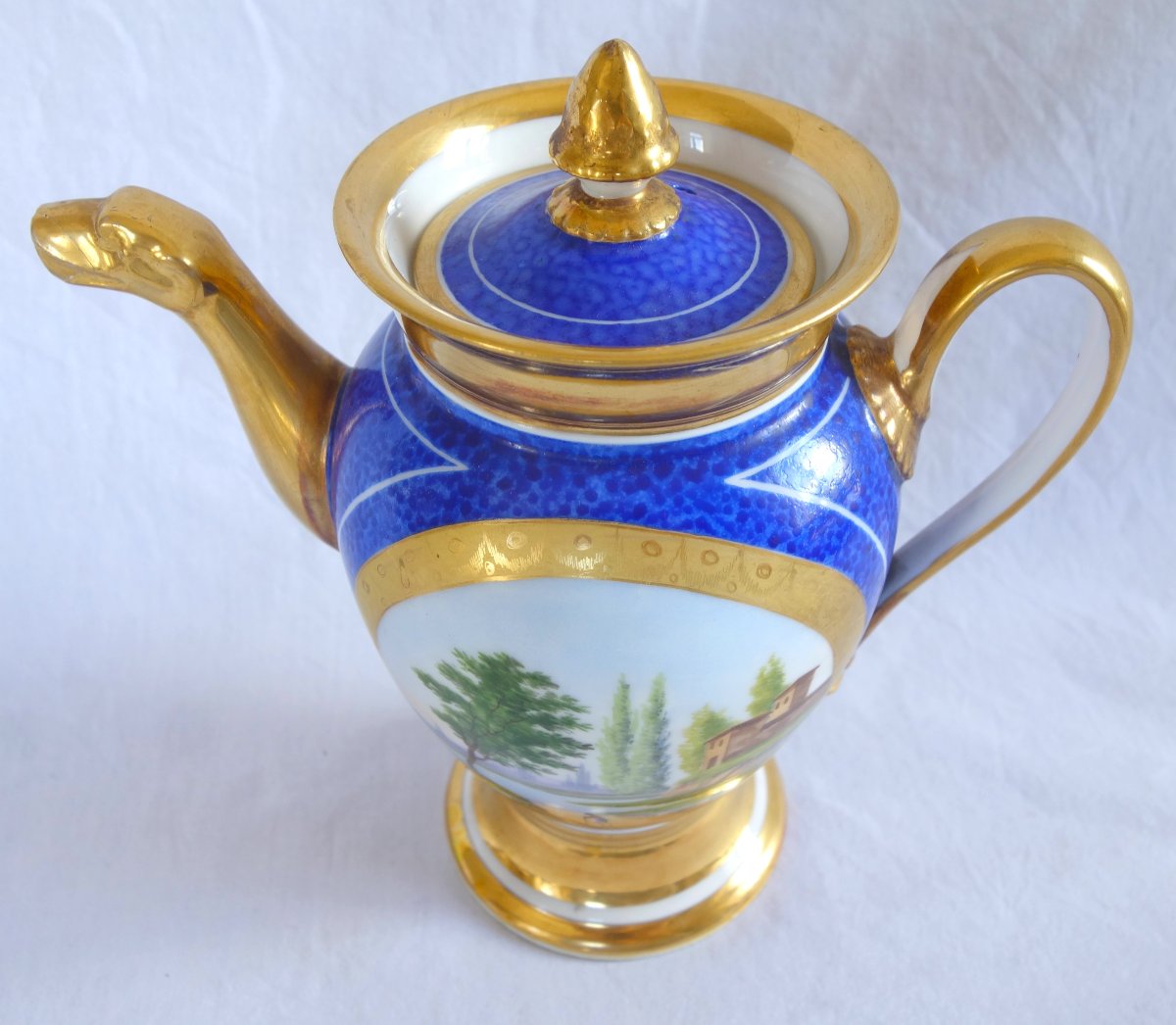 Empire-style Pitcher/teapot With Blue And Gold Decoration, Made Of Paris Porcelain, Restoration Period-photo-5