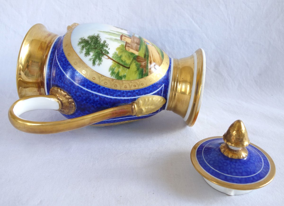 Empire-style Pitcher/teapot With Blue And Gold Decoration, Made Of Paris Porcelain, Restoration Period-photo-7