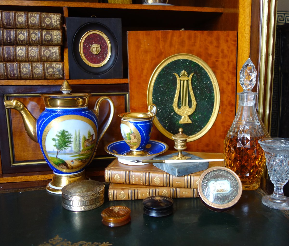 Empire-style Pitcher/teapot With Blue And Gold Decoration, Made Of Paris Porcelain, Restoration Period-photo-8