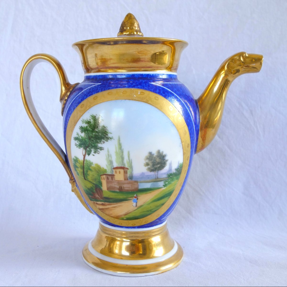 Empire-style Pitcher/teapot With Blue And Gold Decoration, Made Of Paris Porcelain, Restoration Period