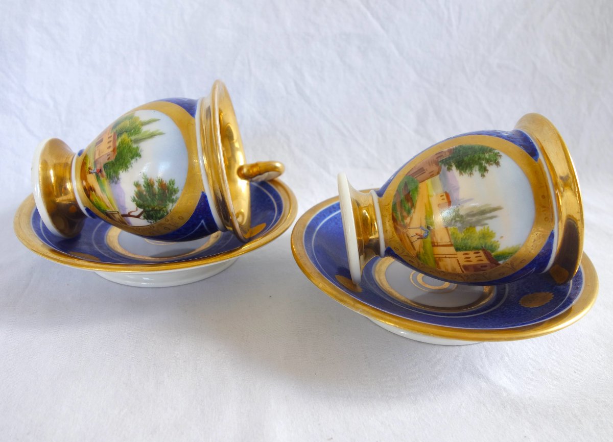 Pair Of Period Empire-style Cups With Landscape Designs On A Blue Background; Restored—paris Porcelain-photo-2