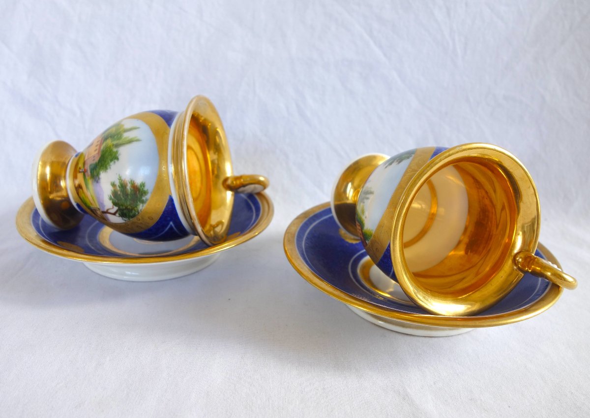 Pair Of Period Empire-style Cups With Landscape Designs On A Blue Background; Restored—paris Porcelain-photo-3