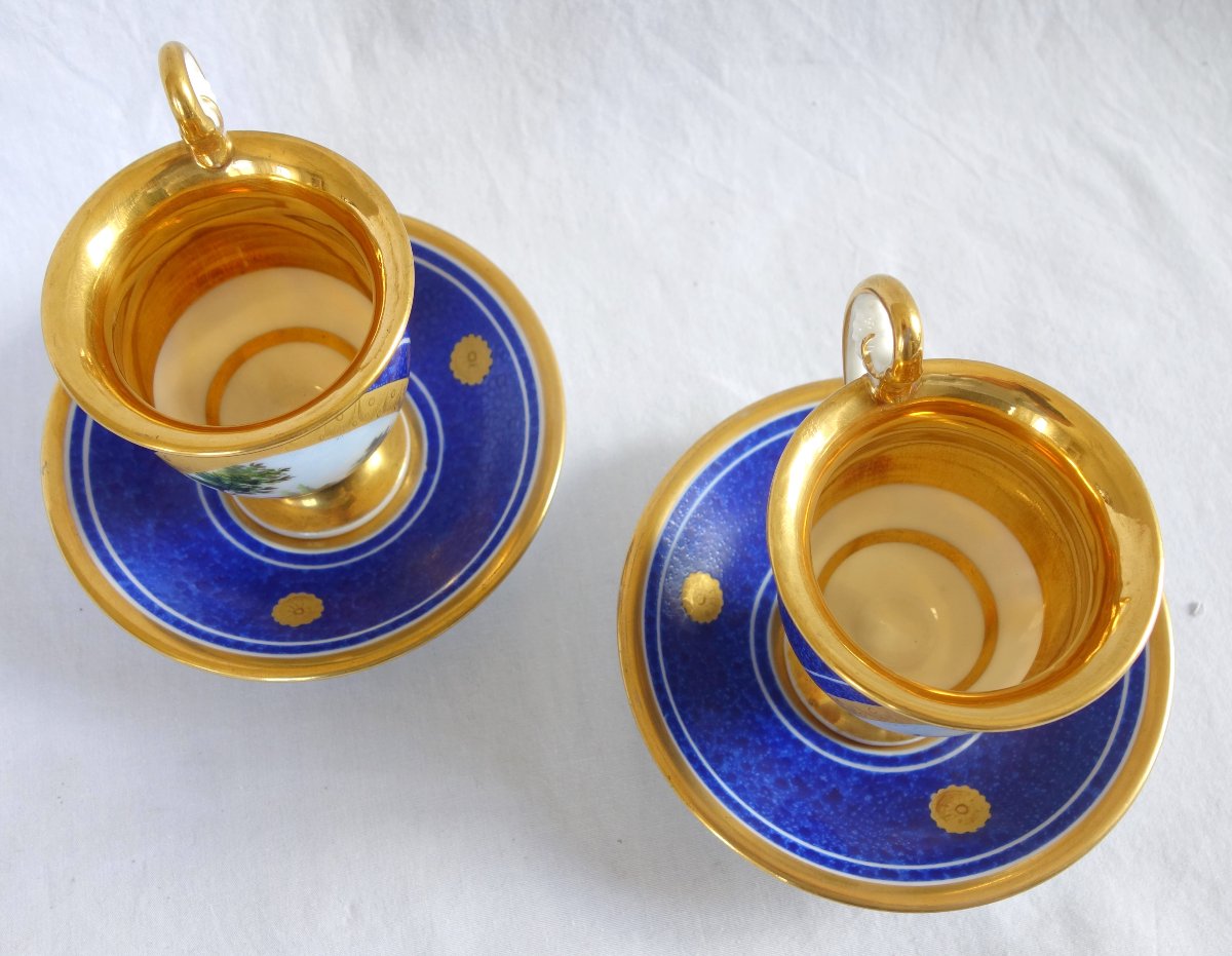 Pair Of Period Empire-style Cups With Landscape Designs On A Blue Background; Restored—paris Porcelain-photo-4