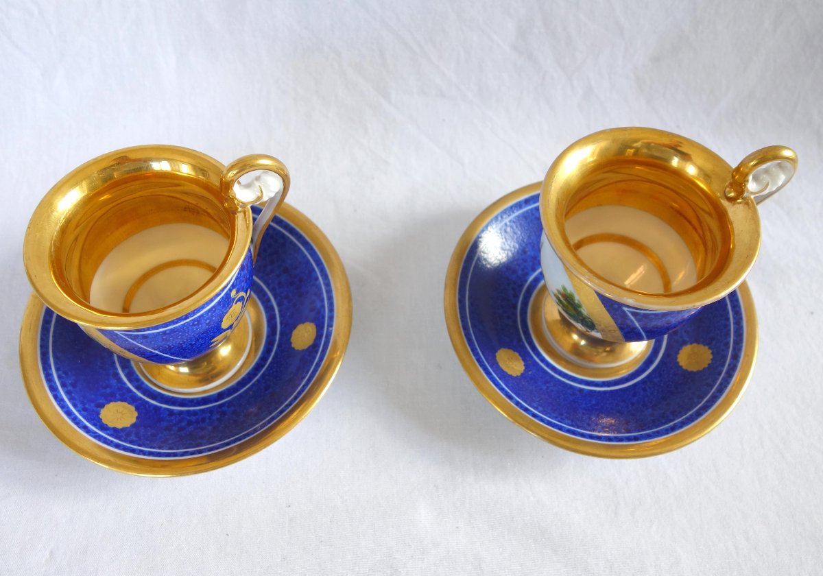 Pair Of Period Empire-style Cups With Landscape Designs On A Blue Background; Restored—paris Porcelain-photo-1
