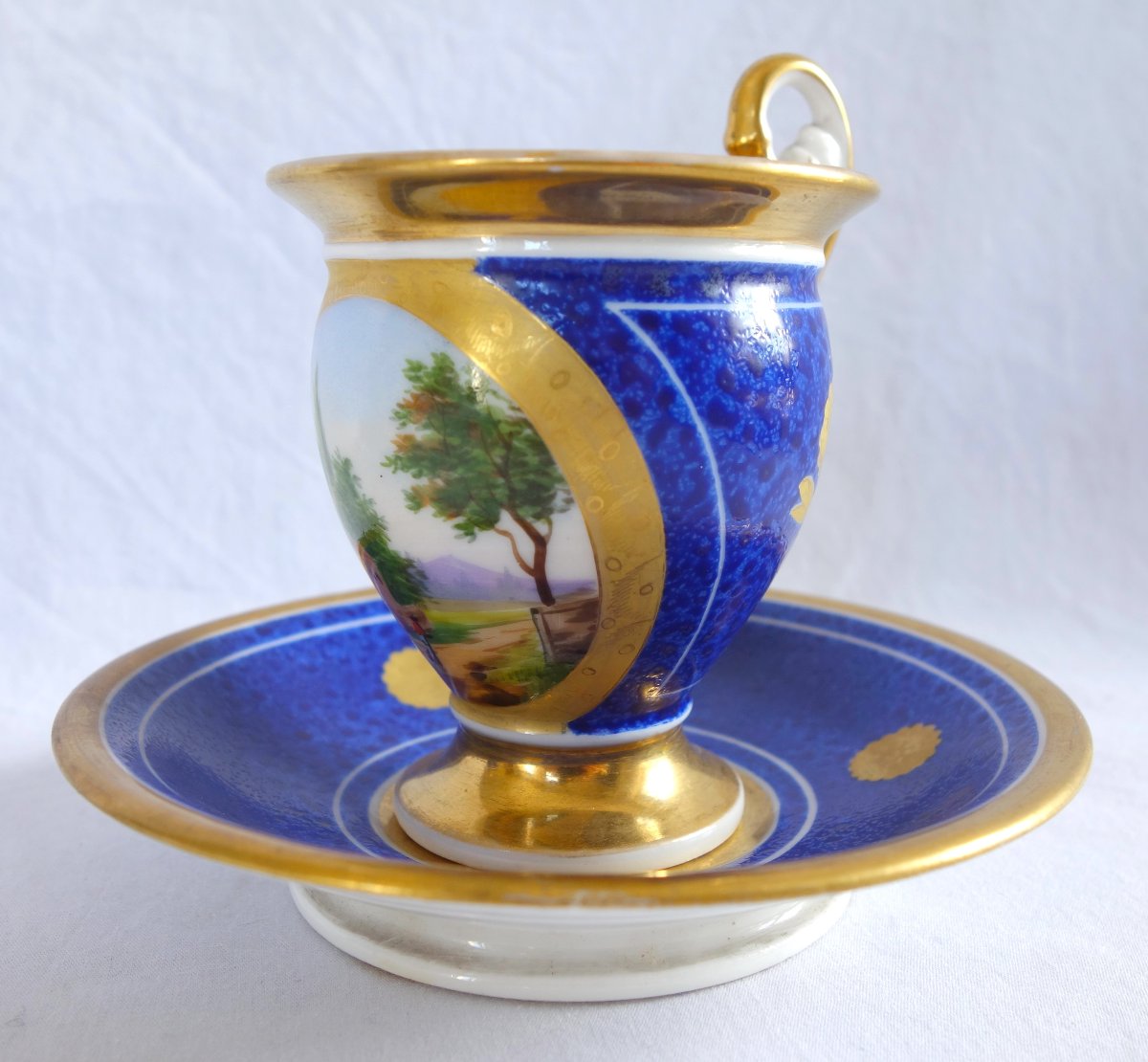 Pair Of Period Empire-style Cups With Landscape Designs On A Blue Background; Restored—paris Porcelain-photo-2