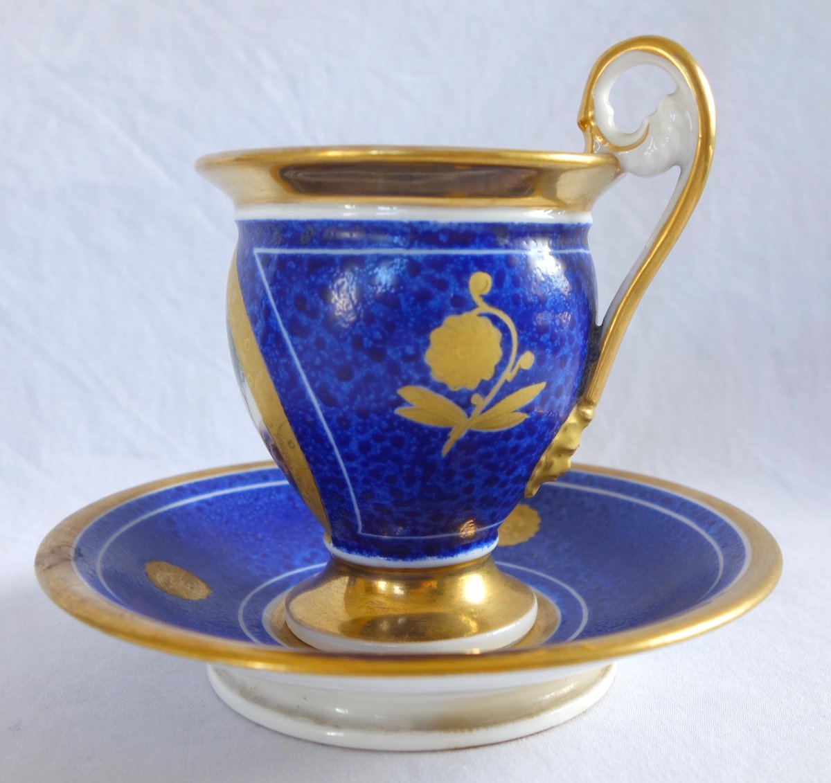 Pair Of Period Empire-style Cups With Landscape Designs On A Blue Background; Restored—paris Porcelain-photo-3