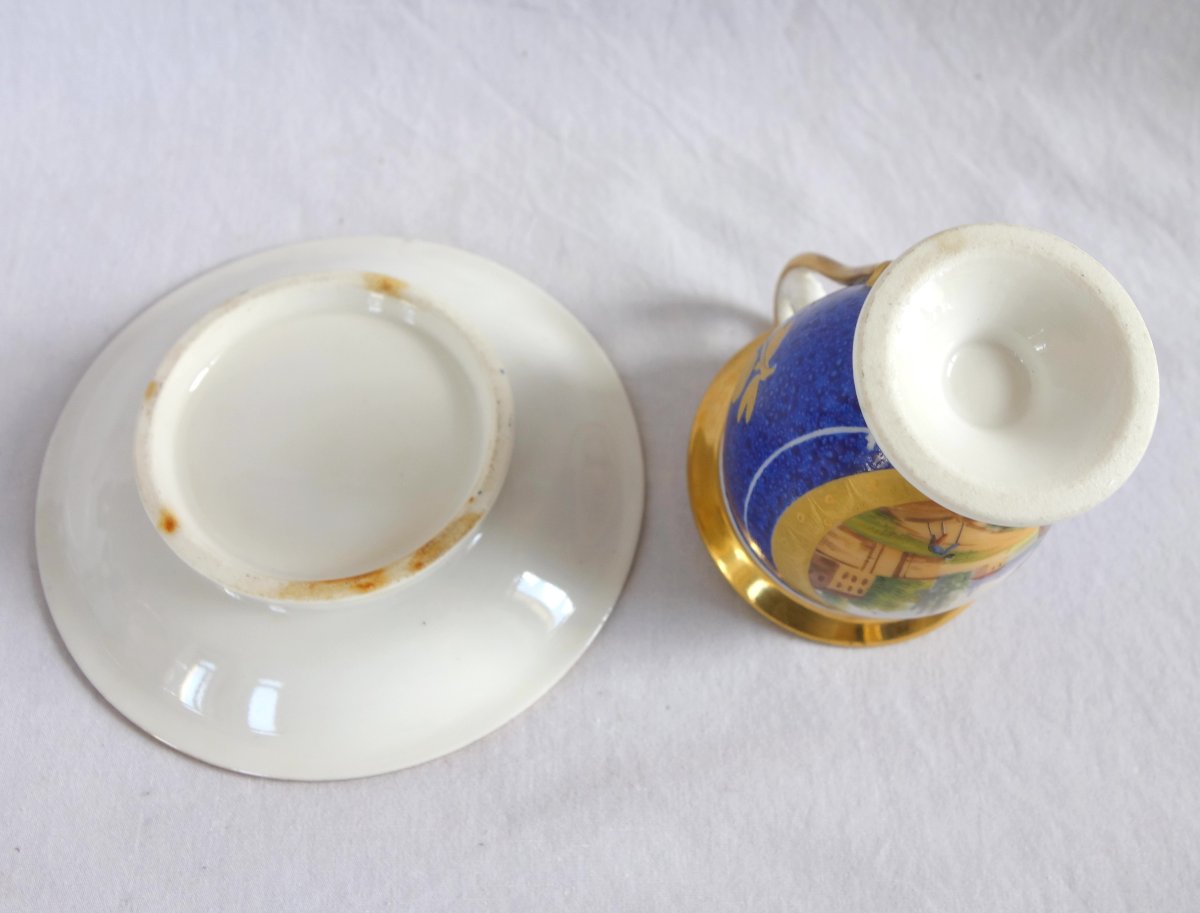 Pair Of Period Empire-style Cups With Landscape Designs On A Blue Background; Restored—paris Porcelain-photo-8