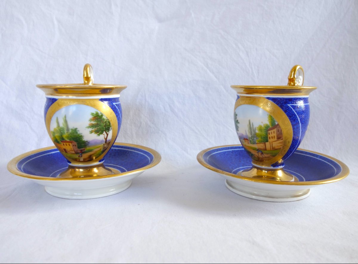 Pair Of Period Empire-style Cups With Landscape Designs On A Blue Background; Restored—paris Porcelain