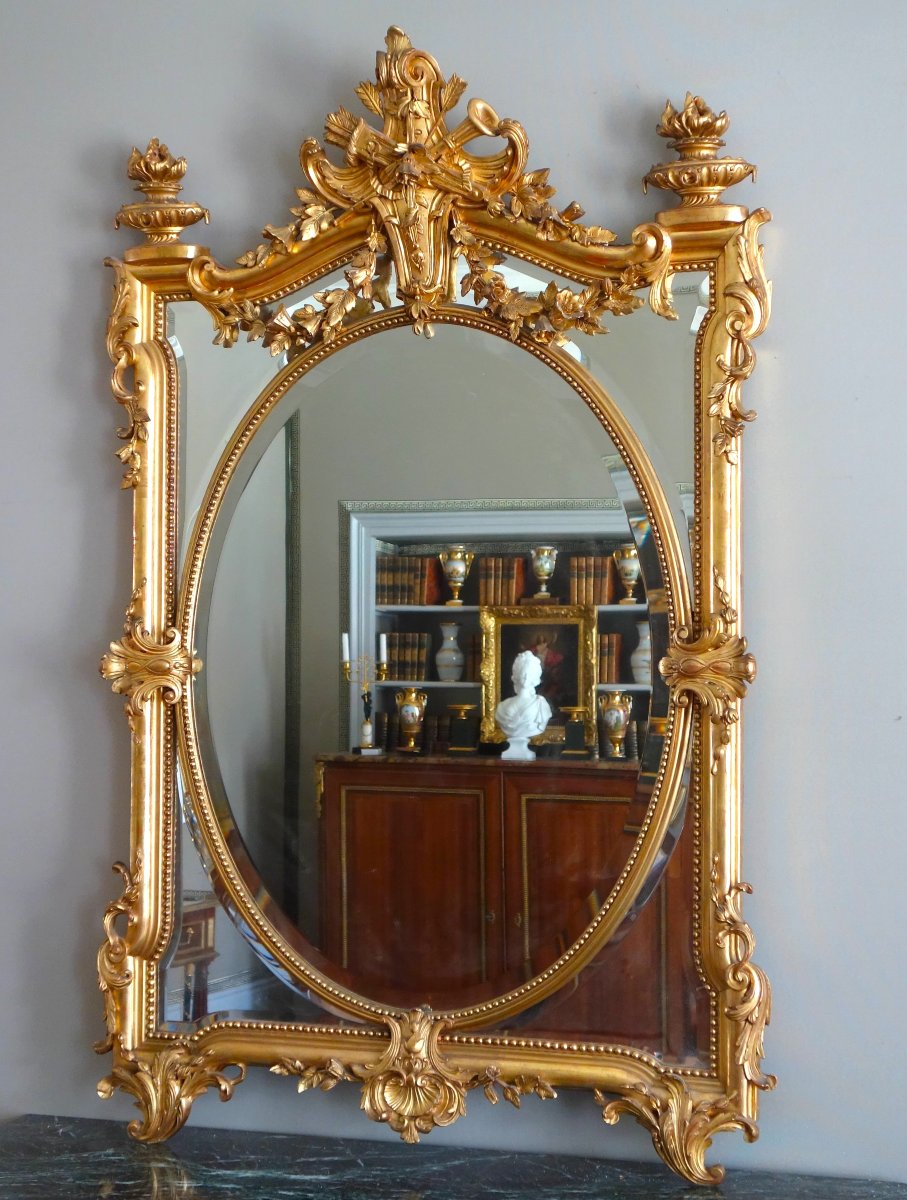 Exceptional Napoleon III-era Mirror With Glazing Beads, Made Of Wood Gilded With Gold Leaf-photo-2
