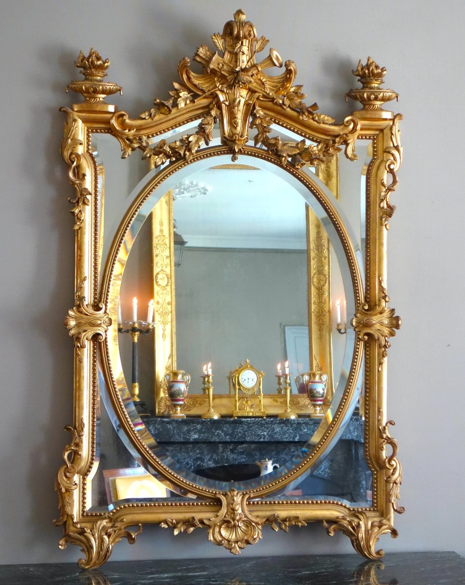 Exceptional Napoleon III-era Mirror With Glazing Beads, Made Of Wood Gilded With Gold Leaf-photo-3