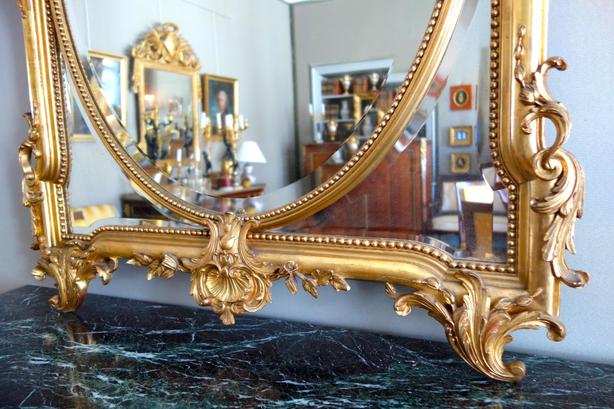 Exceptional Napoleon III-era Mirror With Glazing Beads, Made Of Wood Gilded With Gold Leaf-photo-1