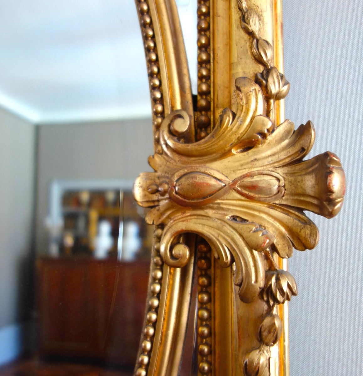 Exceptional Napoleon III-era Mirror With Glazing Beads, Made Of Wood Gilded With Gold Leaf-photo-6