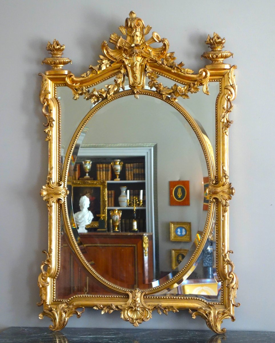 Exceptional Napoleon III-era Mirror With Glazing Beads, Made Of Wood Gilded With Gold Leaf