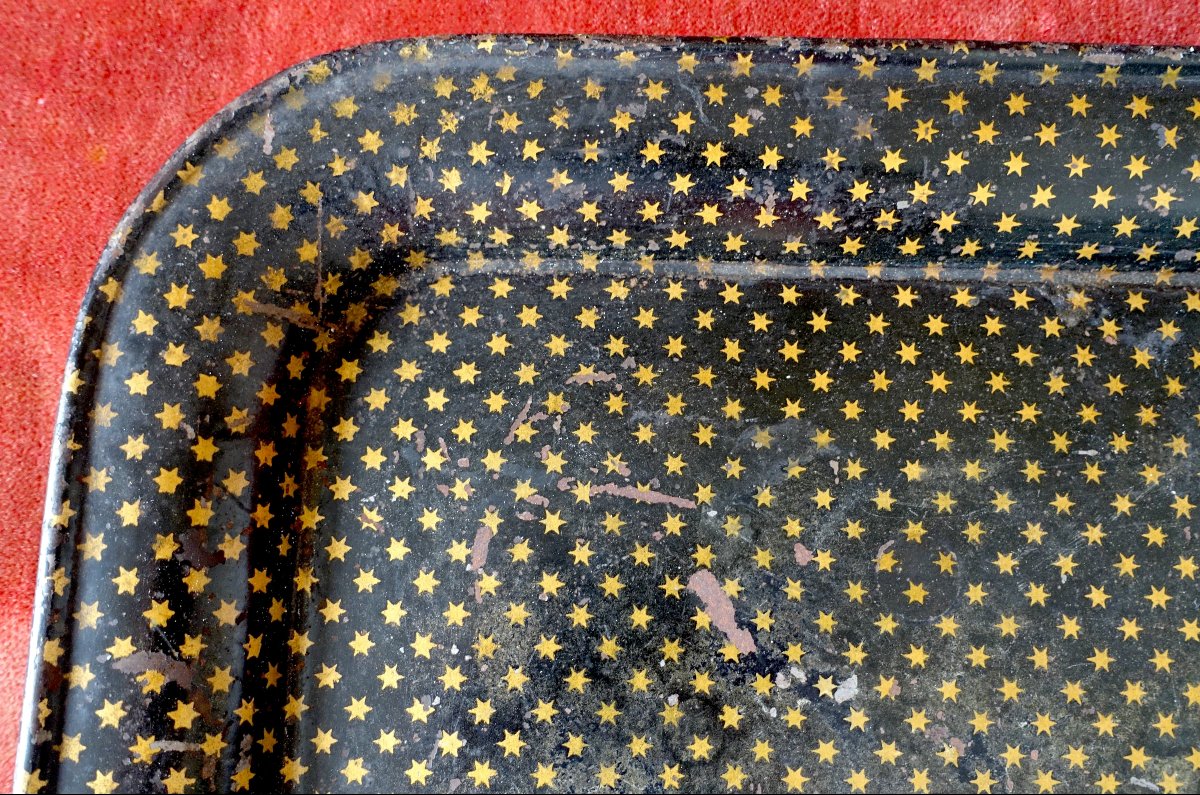 Grand plateau de service Napoléon III en tôle laquée : semi d'étoiles d'or sur fond noir-photo-1