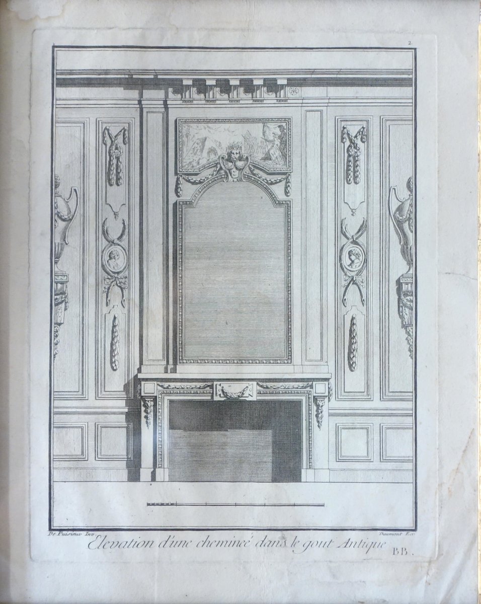 18th Century Engraving : Project For A Louis XVI Mantel In A Beautiful Gilt Frame-photo-4