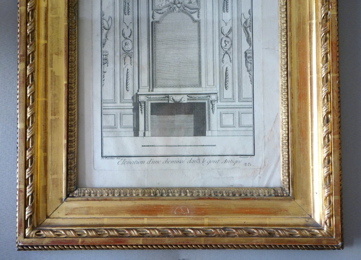 18th Century Engraving : Project For A Louis XVI Mantel In A Beautiful Gilt Frame-photo-3