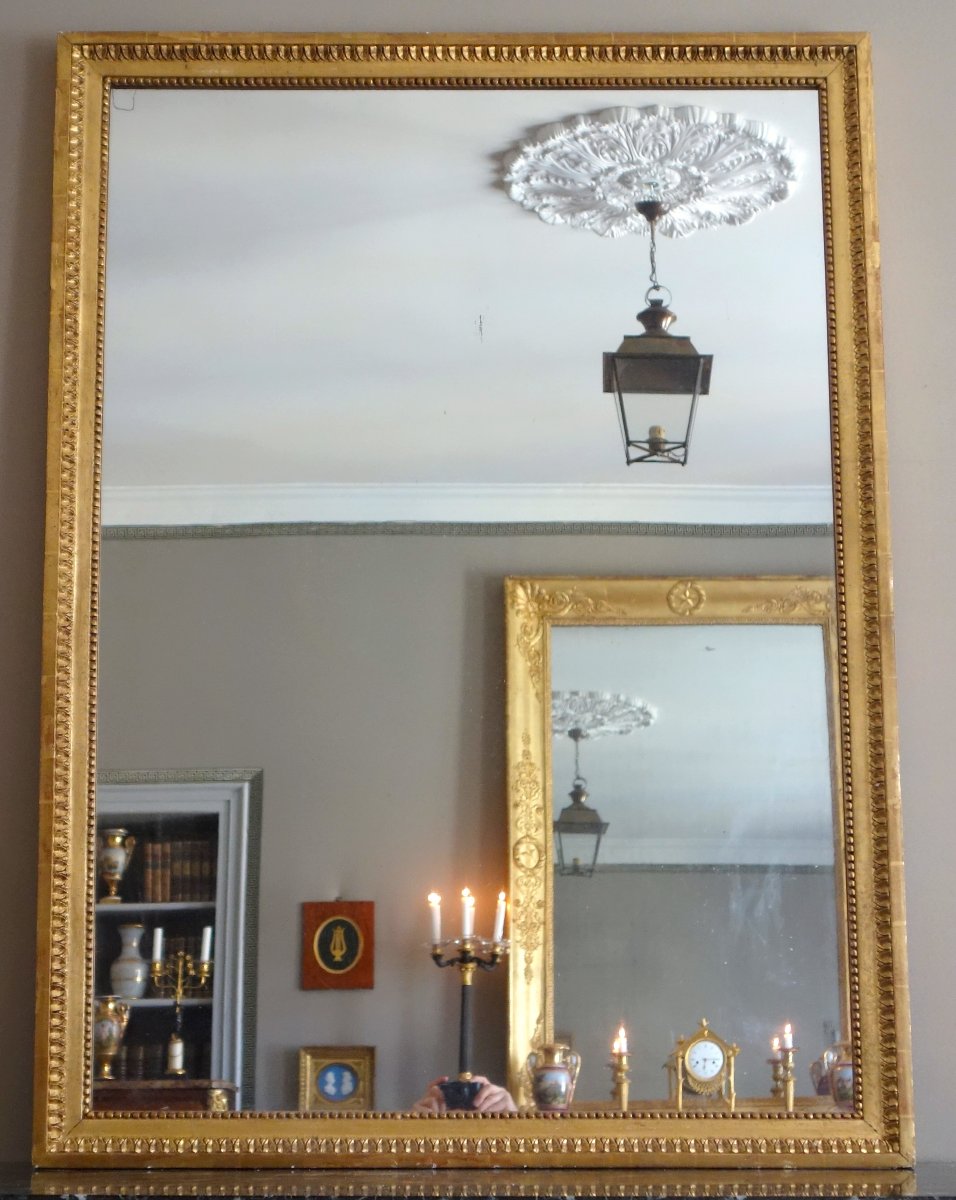 Grand miroir de cheminée Louis XVI  doré à l'a feuille d'or, glace au mercure - 145cm x 107cm-photo-3