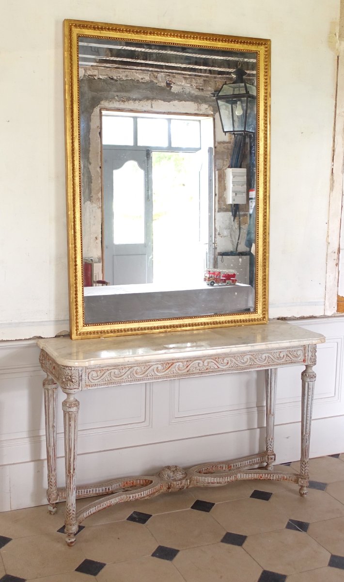 Grand miroir de cheminée Louis XVI  doré à l'a feuille d'or, glace au mercure - 145cm x 107cm-photo-8