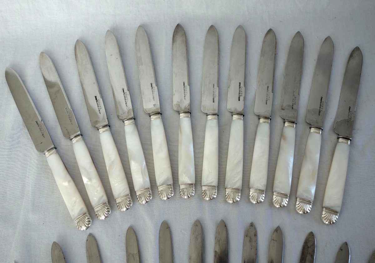 A 12-piece Knife Set In Solid Silver And Mother-of-pearl, Signed By Comte Coustelier De La Reine-photo-3