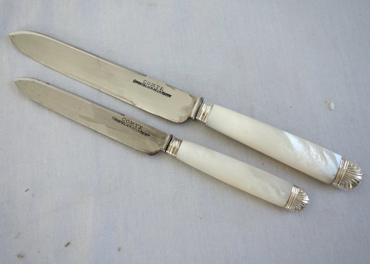 A 12-piece Knife Set In Solid Silver And Mother-of-pearl, Signed By Comte Coustelier De La Reine-photo-4