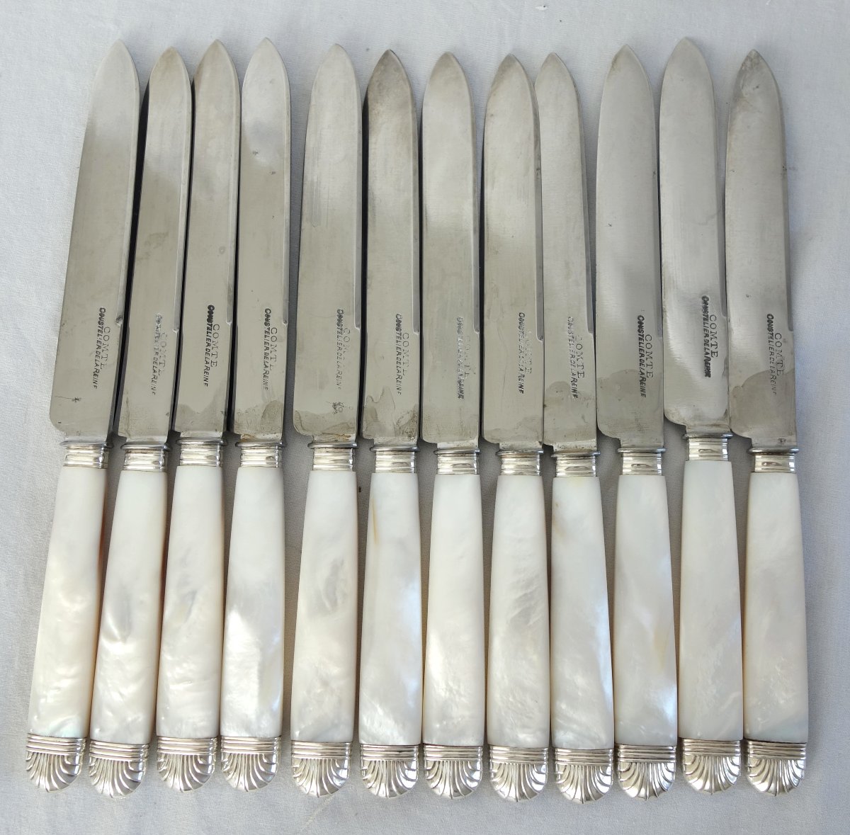 A 12-piece Knife Set In Solid Silver And Mother-of-pearl, Signed By Comte Coustelier De La Reine-photo-5