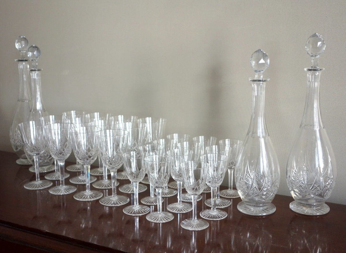 Baccarat service de verres pour 12 & carafes, cristal taillé, modèle Epron du catalogue de 1907