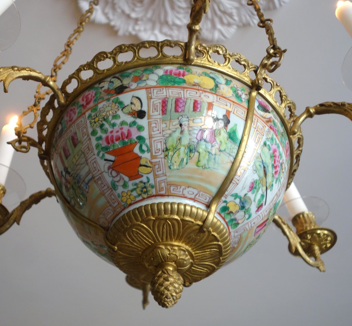 19th-century Chinese Porcelain (canton) And Gilded Bronze Chandelier-photo-4