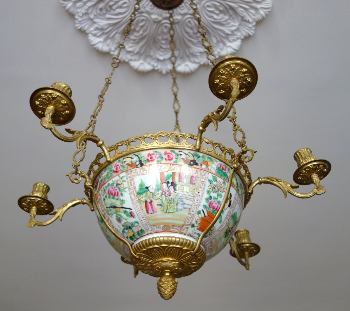 19th-century Chinese Porcelain (canton) And Gilded Bronze Chandelier-photo-3