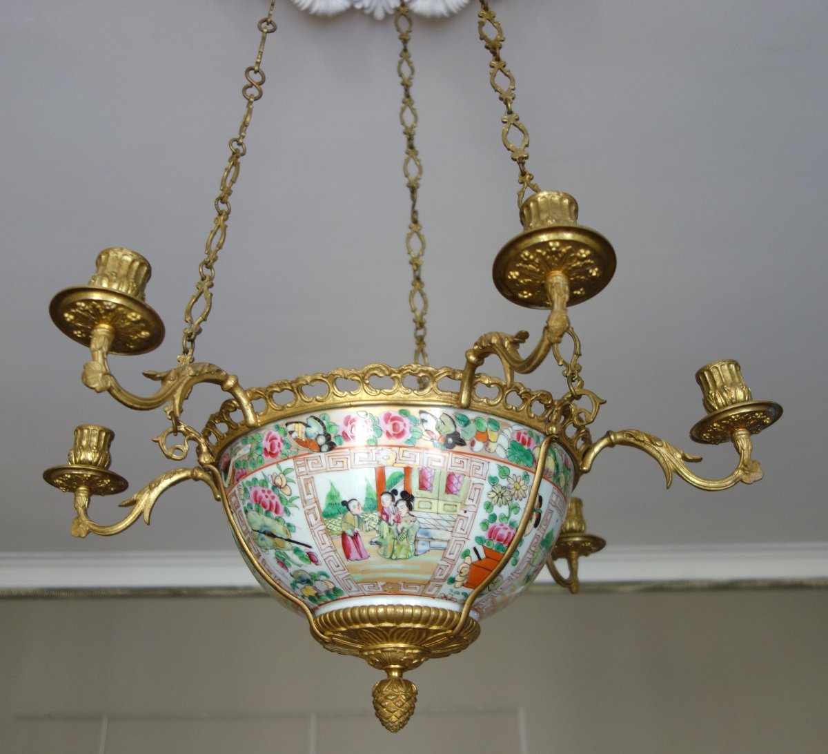 19th-century Chinese Porcelain (canton) And Gilded Bronze Chandelier-photo-4