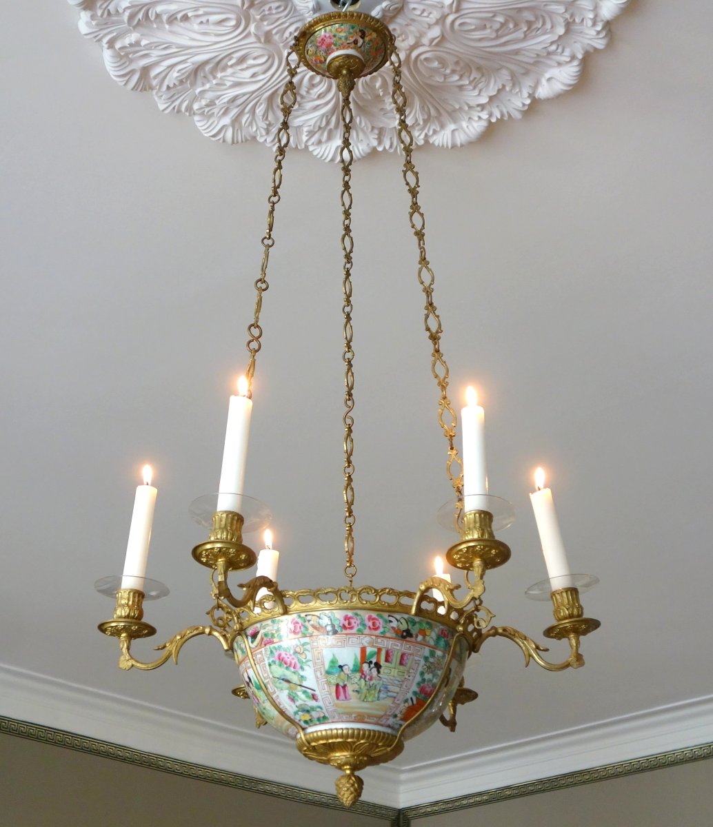 19th-century Chinese Porcelain (canton) And Gilded Bronze Chandelier-photo-7