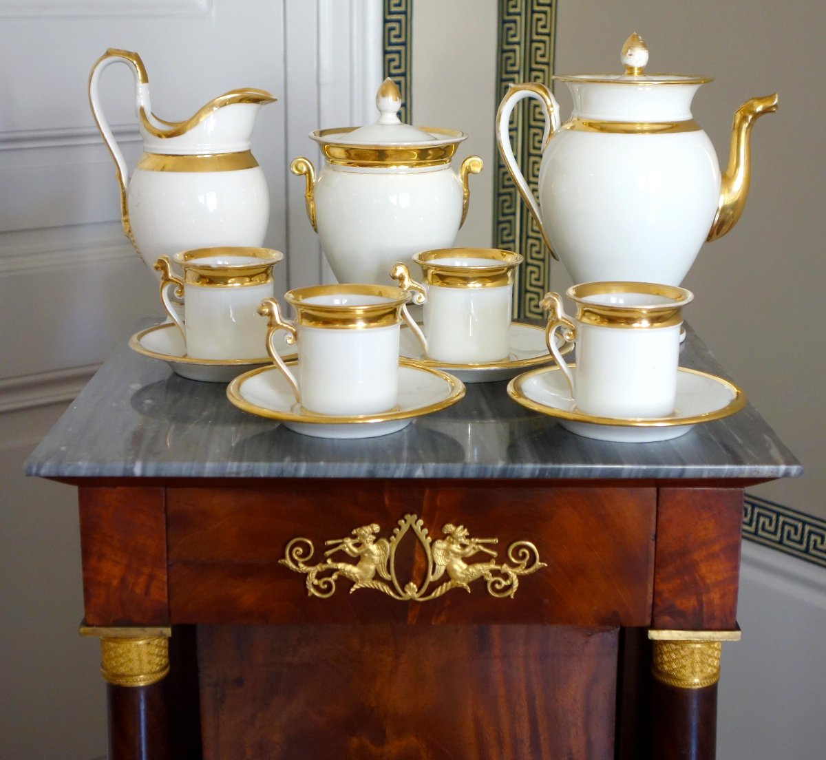 Empire-style Coffee Set For 4, Made Of White And Gold Paris Porcelain From That Era; Restored