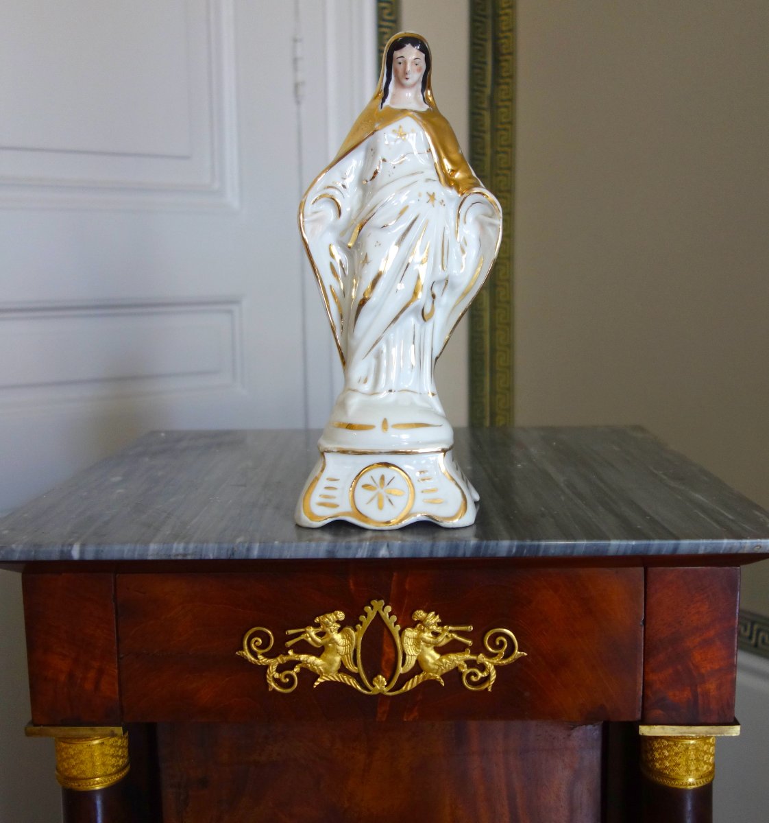 Statue Of The Blessed Virgin Mary In White And Gold Paris Porcelain—circa 1850