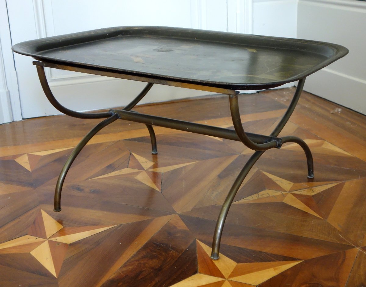 Grand plateau Napoléon III en tôle laquée de chinoiseries, monté table basse Madeleine Castaing-photo-2