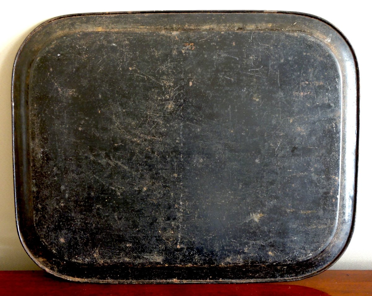 Grand plateau Napoléon III en tôle laquée de chinoiseries, monté table basse Madeleine Castaing-photo-6