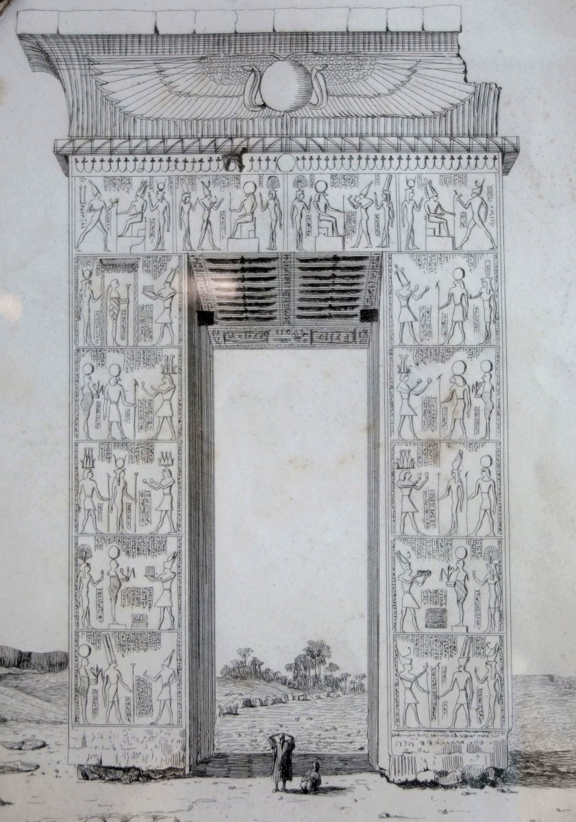 Egyptomanie - gravure temple de Karnac par Leon de Joannis, cadre Empire bois doré-photo-2
