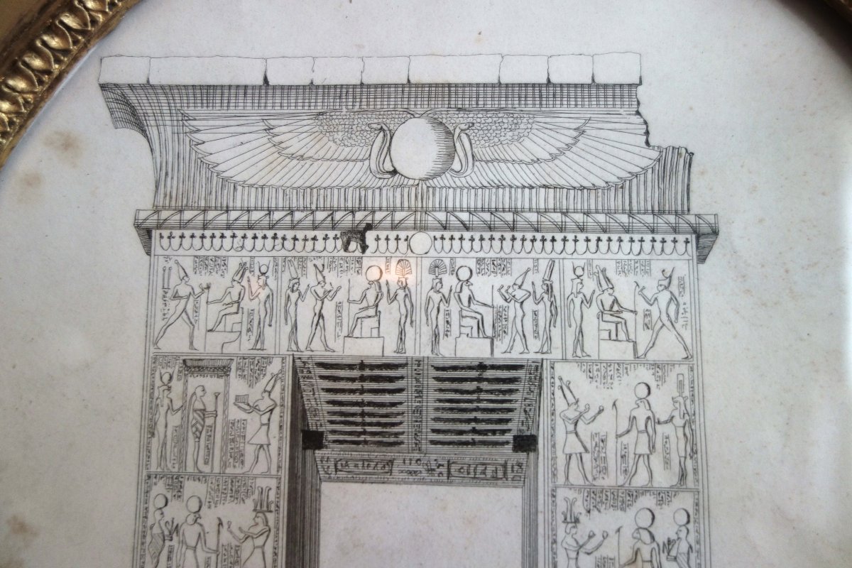 Egyptomanie - gravure temple de Karnac par Leon de Joannis, cadre Empire bois doré-photo-3