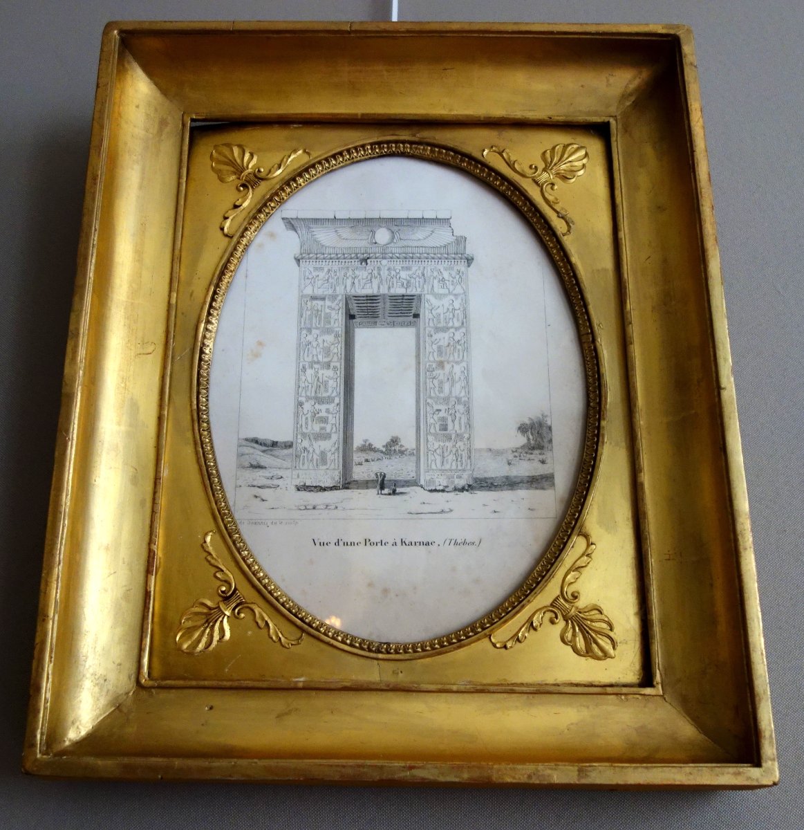 Egyptomanie - gravure temple de Karnac par Leon de Joannis, cadre Empire bois doré-photo-2