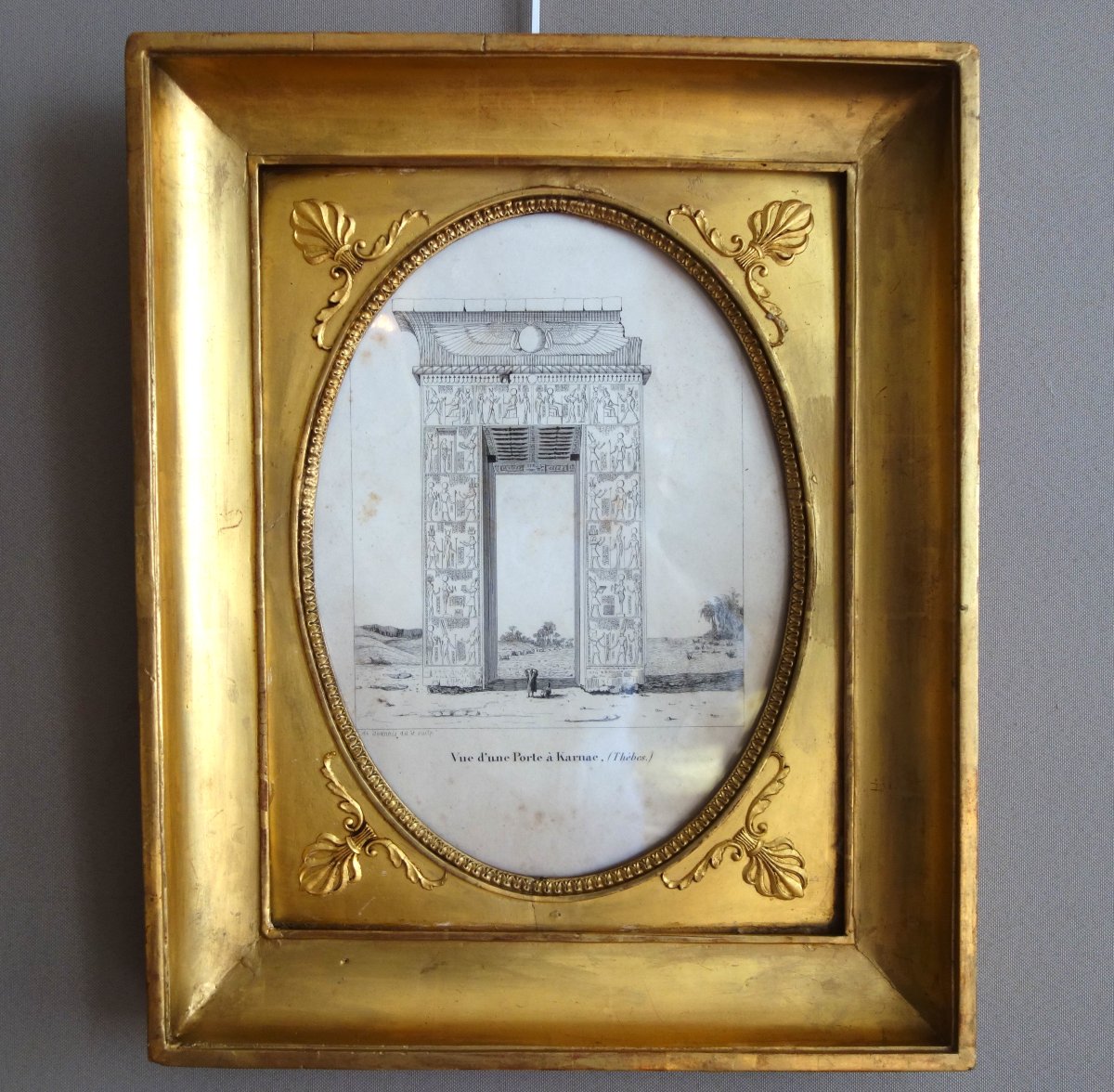 Egyptomanie - gravure temple de Karnac par Leon de Joannis, cadre Empire bois doré