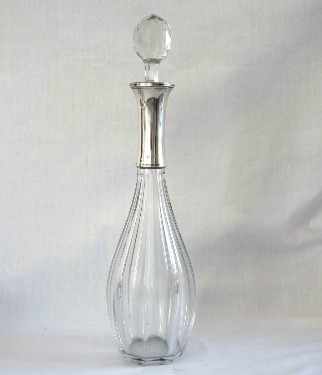 Baccarat, Carafe à vin en cristal taillé, modèle Malmaison montée argent massif Minerve-photo-2