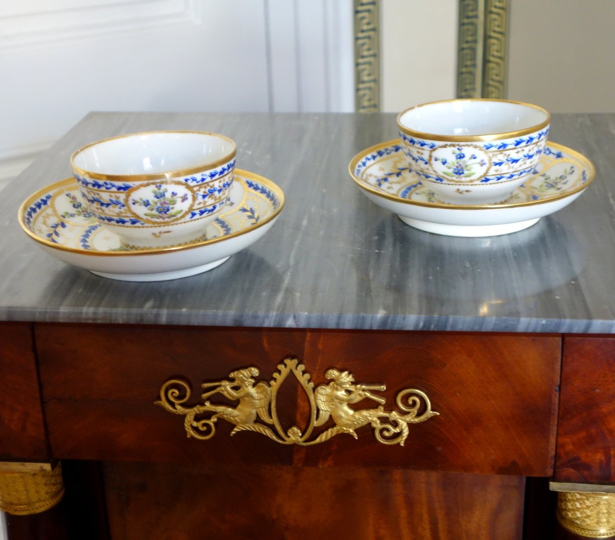 Nyon: Pair Of 18th-century Porcelain Coffee Or Tea Cups—signed—with Blue And Gold Decoration