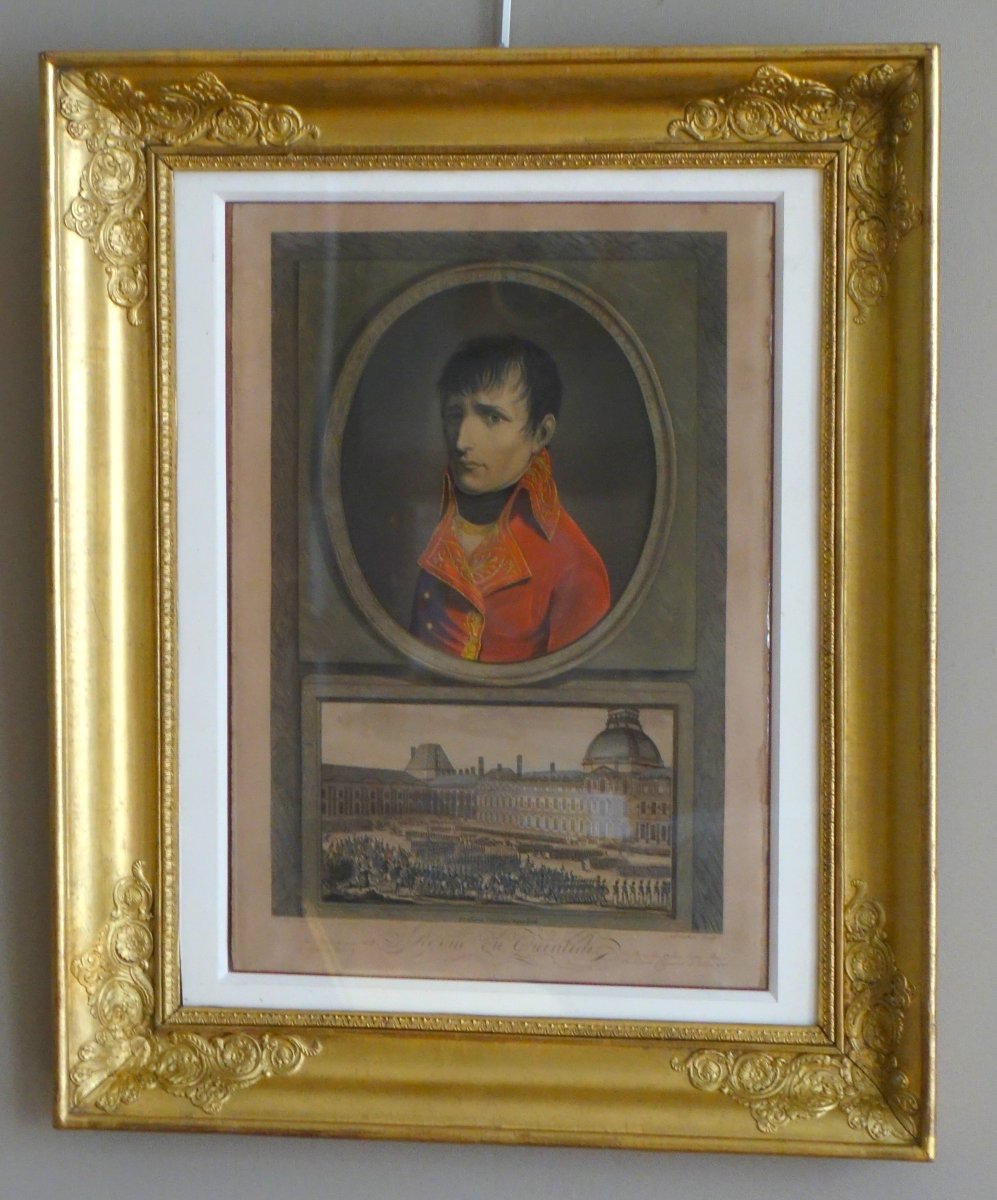 Eau-forte aquarellée : revue du Quintidi par Napoléon Bonaparte 1er Consul, cadre en bois doré-photo-2