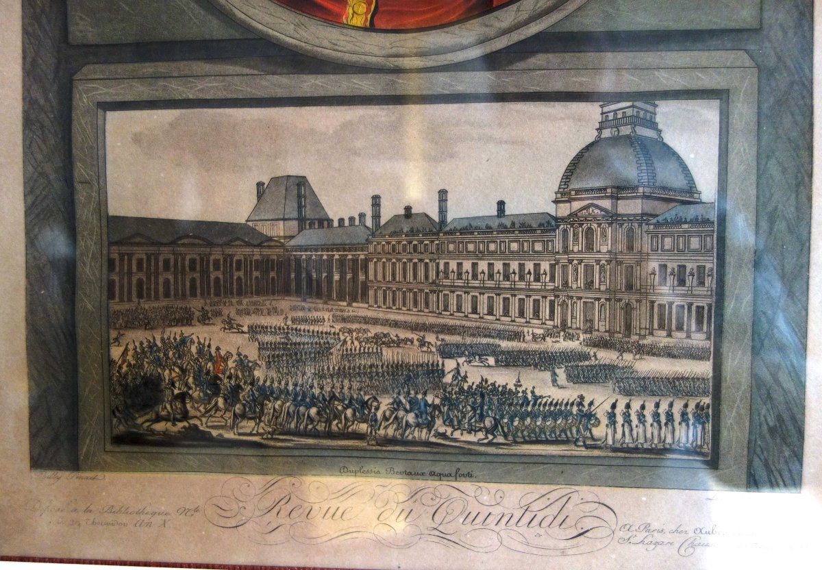 Eau-forte aquarellée : revue du Quintidi par Napoléon Bonaparte 1er Consul, cadre en bois doré-photo-2