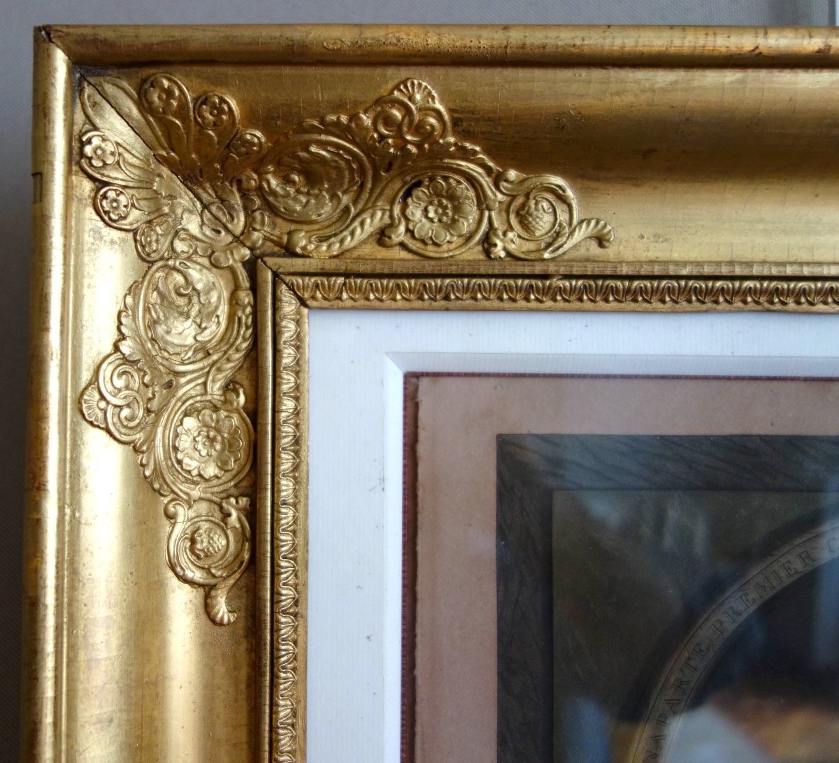 Eau-forte aquarellée : revue du Quintidi par Napoléon Bonaparte 1er Consul, cadre en bois doré-photo-3