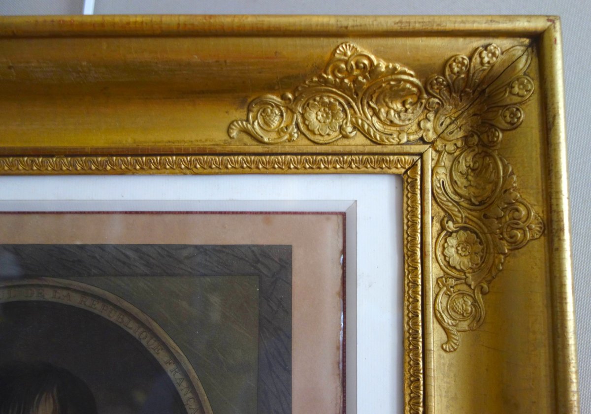 Eau-forte aquarellée : revue du Quintidi par Napoléon Bonaparte 1er Consul, cadre en bois doré-photo-4